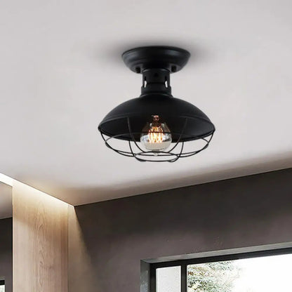 DecorBites™ DecorBites™ Farmhouse Metal Bowl Ceiling Lamp with Cage in Black - Semi Flush Mount