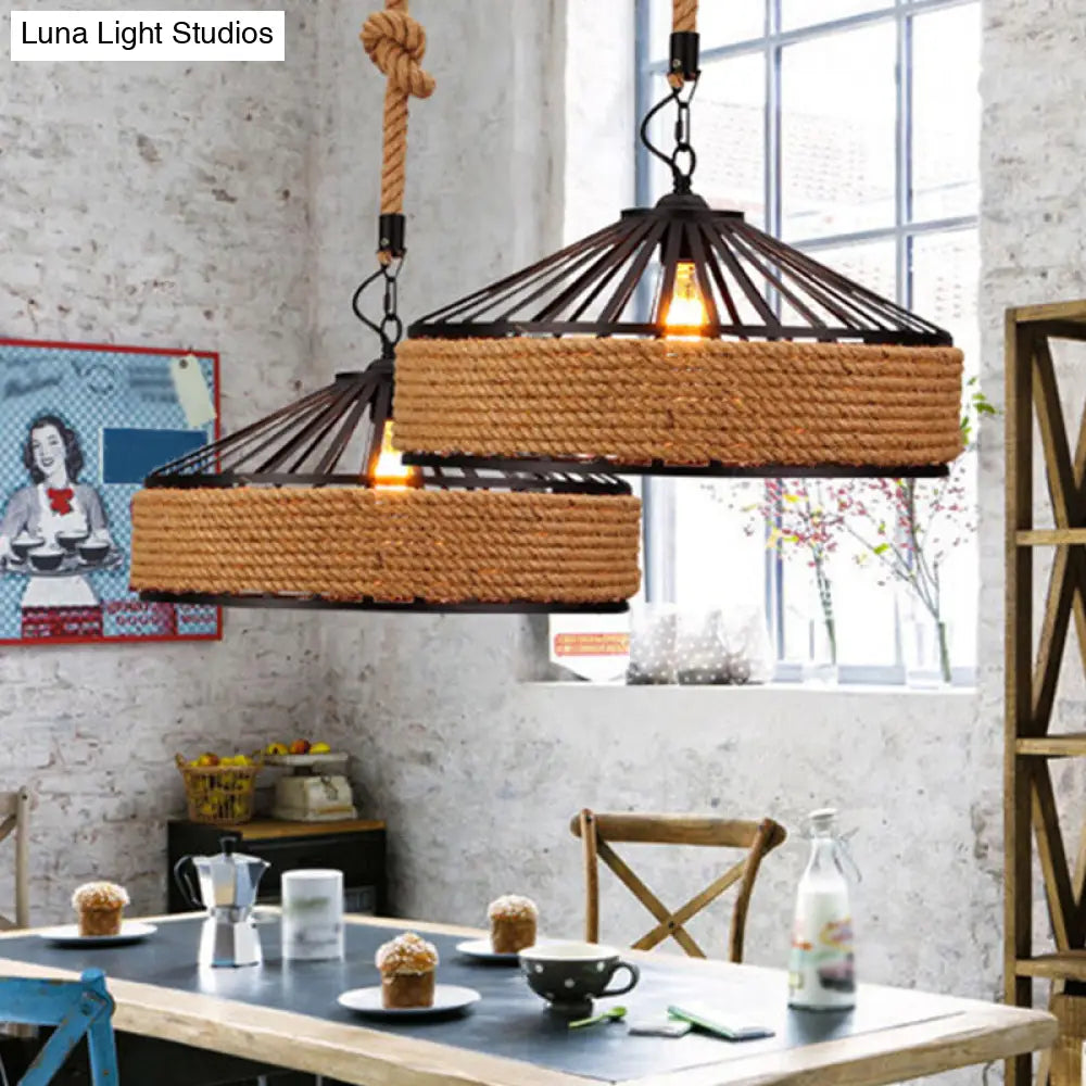 Farmhouse Metal Drop Lamp with Rope Barn Shade in Black - Perfect for Dining Room Suspension Lighting