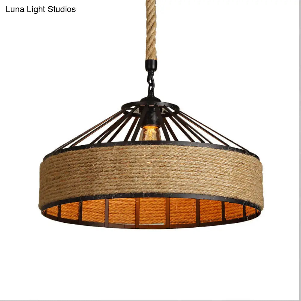 Farmhouse Metal Drop Lamp with Rope Barn Shade in Black - Perfect for Dining Room Suspension Lighting