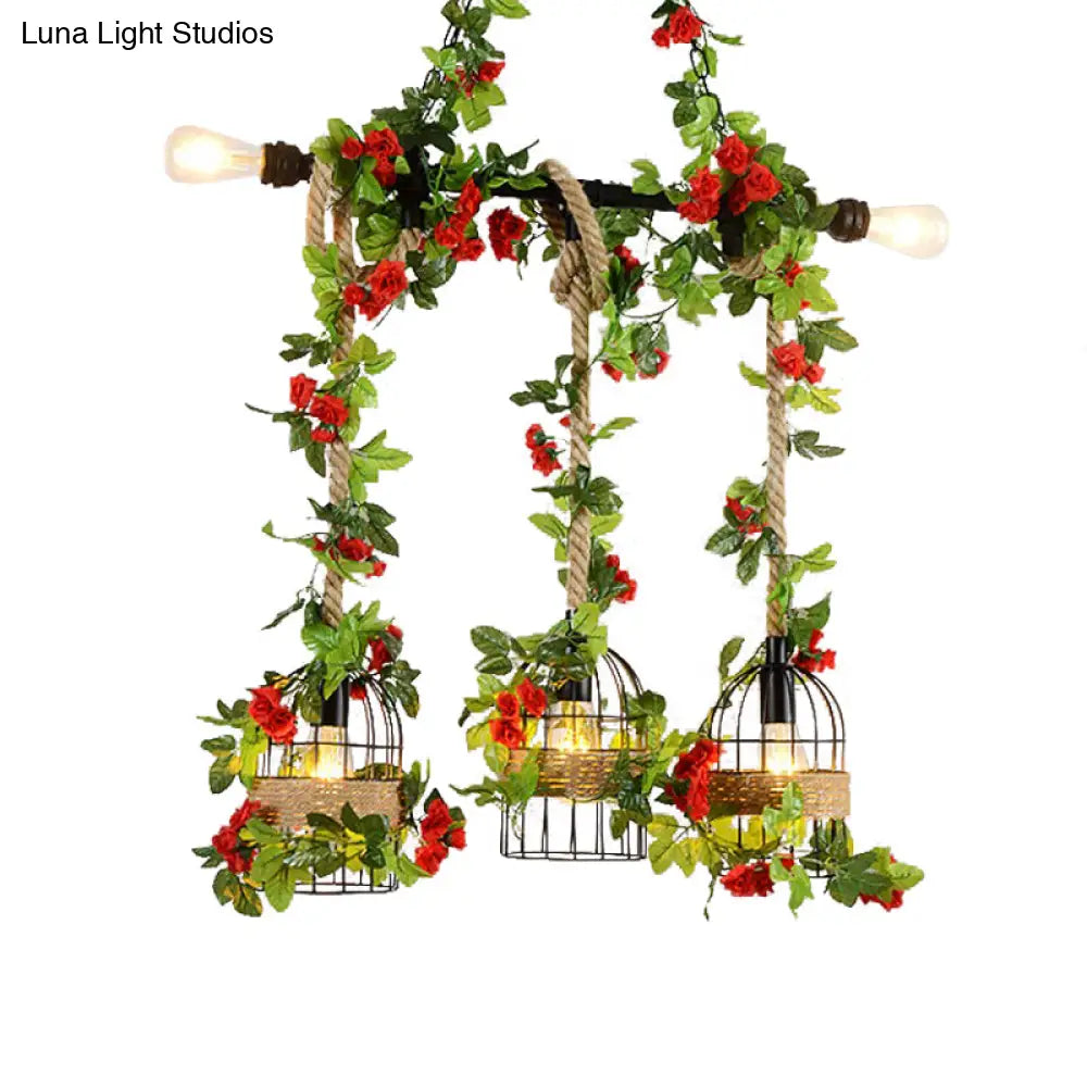 DecorBites™ Farmhouse Metal Island Light Pendant with 5 Heads, Black Finish and Rope Detail, Including Fake Flower