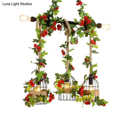 DecorBites™ Farmhouse Metal Island Light Pendant with 5 Heads, Black Finish and Rope Detail, Including Fake Flower