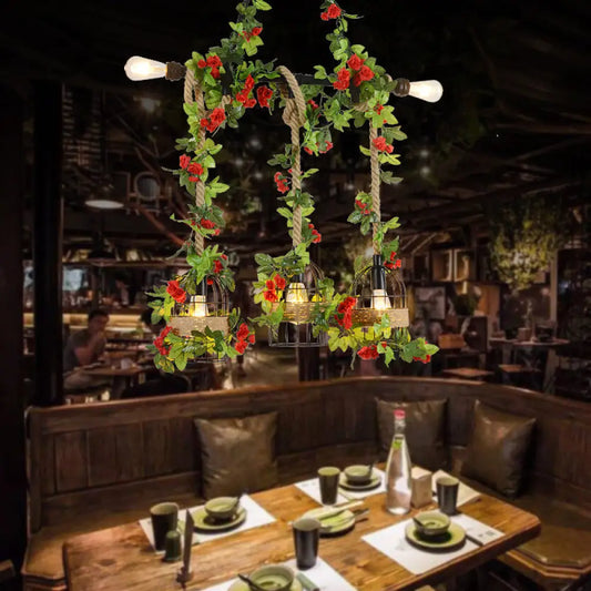 DecorBites™ Farmhouse Metal Island Light Pendant with 5 Heads, Black Finish and Rope Detail, Including Fake Flower