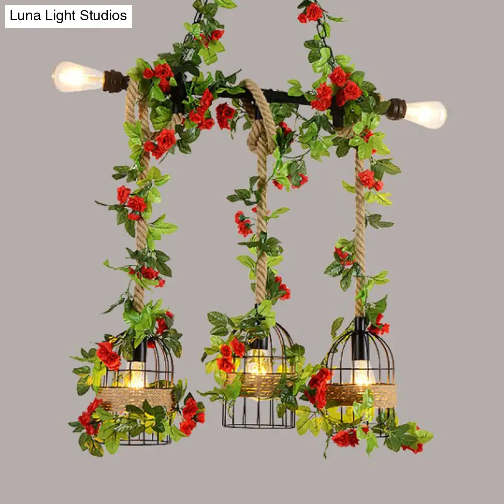 DecorBites™ Farmhouse Metal Island Light Pendant with 5 Heads, Black Finish and Rope Detail, Including Fake Flower