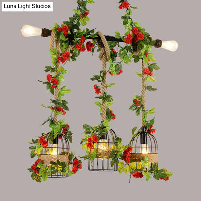 DecorBites™ Farmhouse Metal Island Light Pendant with 5 Heads, Black Finish and Rope Detail, Including Fake Flower