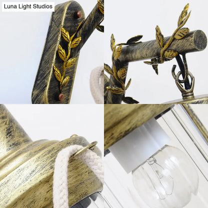 DecorBites™ Farmhouse Metal Lantern Sconce - Brass Wall Mount Light with Branch Arm