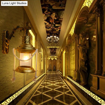 DecorBites™ Farmhouse Metal Lantern Sconce - Brass Wall Mount Light with Branch Arm