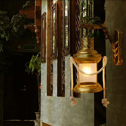 DecorBites™ Farmhouse Metal Lantern Sconce - Brass Wall Mount Light with Branch Arm