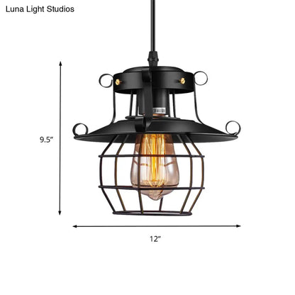 Farmhouse Metal Pendant Light - Wire Cage Dining Room Hanging Kit, 1-Light, Black Finish