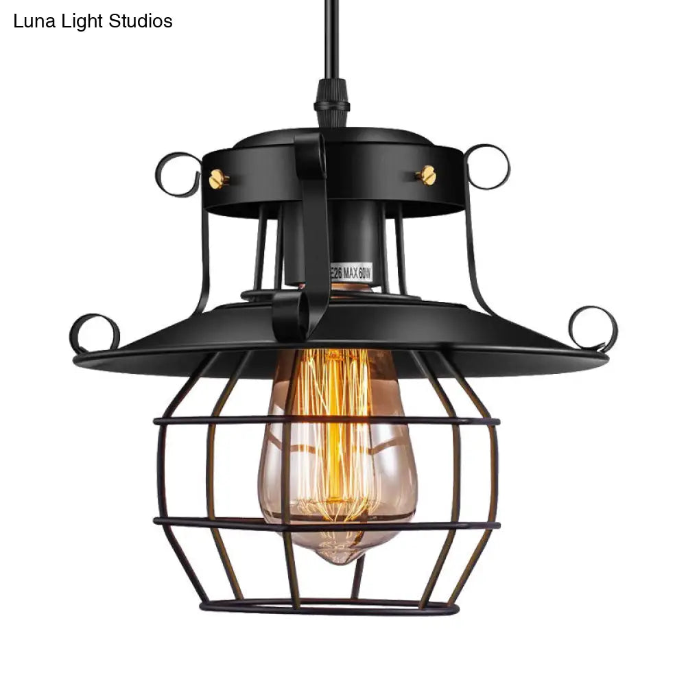 Farmhouse Metal Pendant Light - Wire Cage Dining Room Hanging Kit, 1-Light, Black Finish