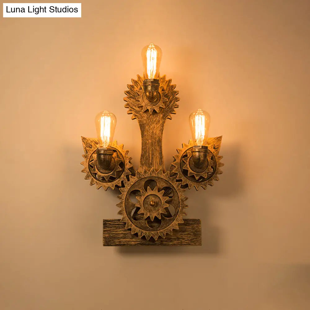 DecorBites™ Farmhouse Metal Wall Lamp: Open Bulb Design with 3 Heads, Brass Finish, Gear & Anchor Backplate - Living Room Sconce Light