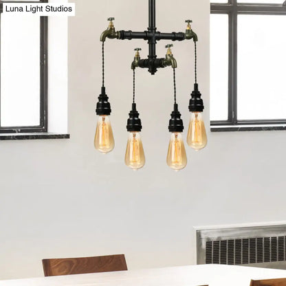 Farmhouse Metallic 4-Bulb Hanging Chandelier Lamp - Pipe Indoor Ceiling Light with Faucet in Black
