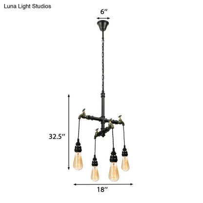 Farmhouse Metallic 4-Bulb Hanging Chandelier Lamp - Pipe Indoor Ceiling Light with Faucet in Black