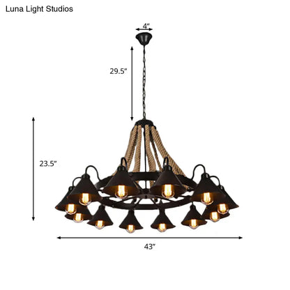 Farmhouse Metallic Cone Chandelier Lamp - 6/8 Lights Pendant Lighting with Rope Detail, Black