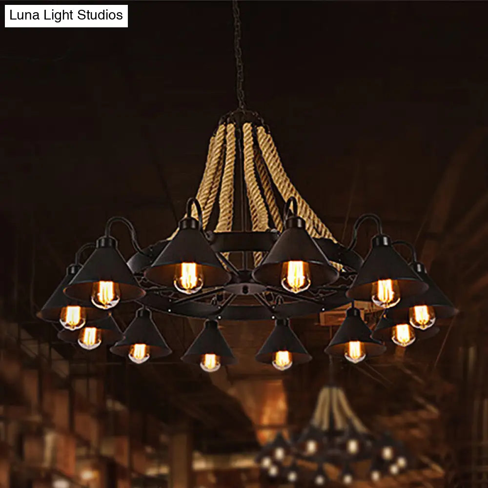 Farmhouse Metallic Cone Chandelier Lamp - 6/8 Lights Pendant Lighting with Rope Detail, Black