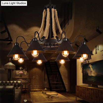 Farmhouse Metallic Cone Chandelier Lamp - 6/8 Lights Pendant Lighting with Rope Detail, Black