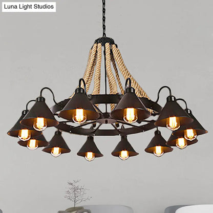 Farmhouse Metallic Cone Chandelier Lamp - 6/8 Lights Pendant Lighting with Rope Detail, Black