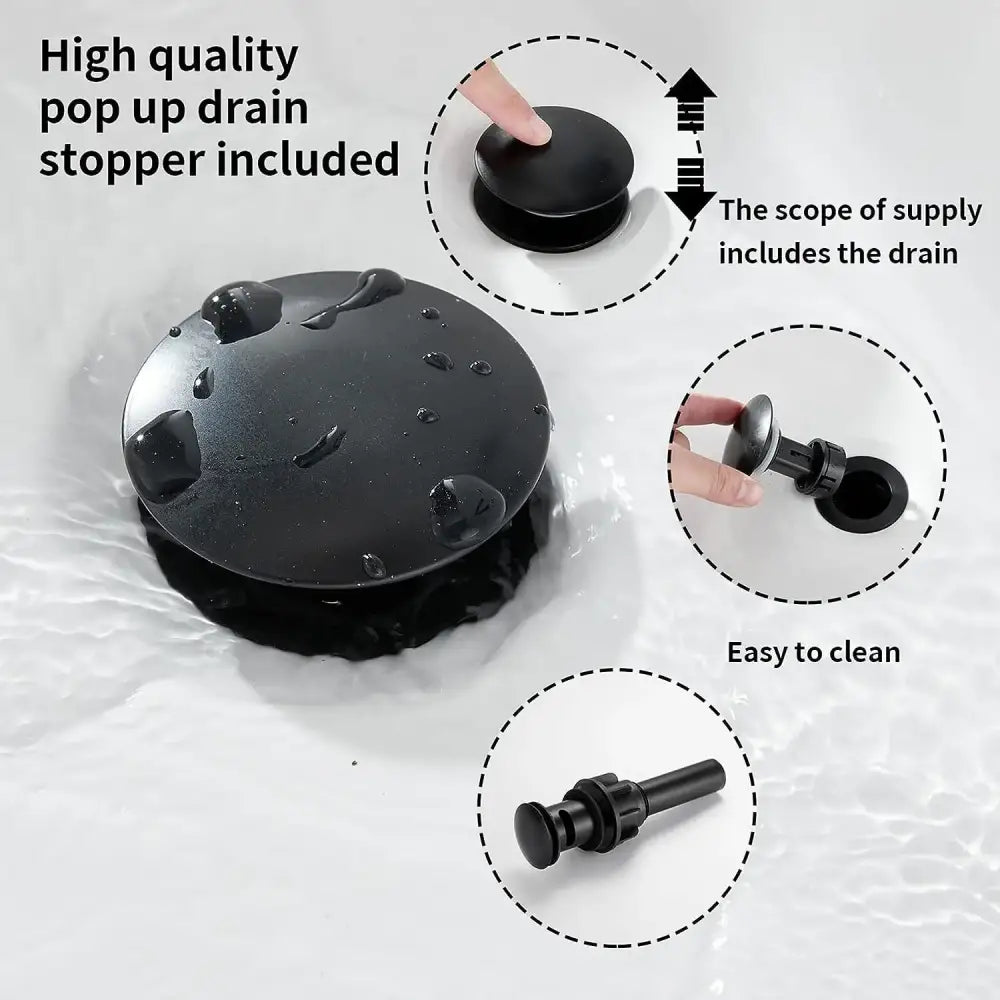 Black pop-up drain stopper with sleek rounded edges for oil rubbed bronze single handle farmhouse waterfall faucet