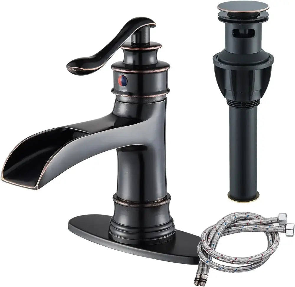 Farmhouse oil rubbed bronze single handle waterfall faucet with black matte finish and matching drain assembly for bathroom sink