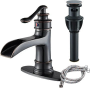 Farmhouse oil rubbed bronze single handle waterfall faucet with black matte finish and matching drain assembly for bathroom sink