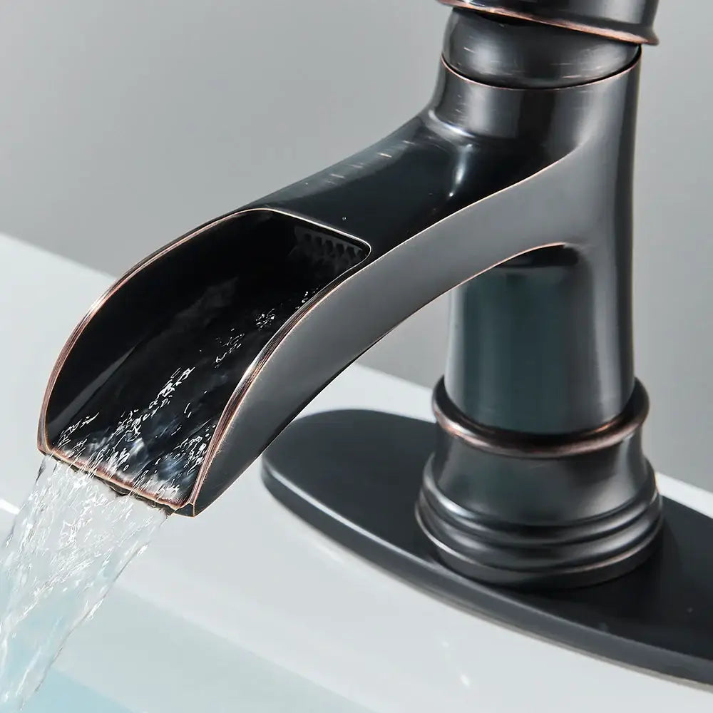 Farmhouse oil rubbed bronze single handle waterfall faucet with black and copper finish for bathroom sink single hole installation
