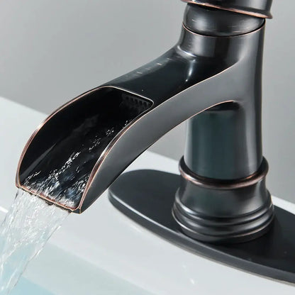 Farmhouse oil rubbed bronze single handle waterfall faucet with black and copper finish for bathroom sink single hole installation