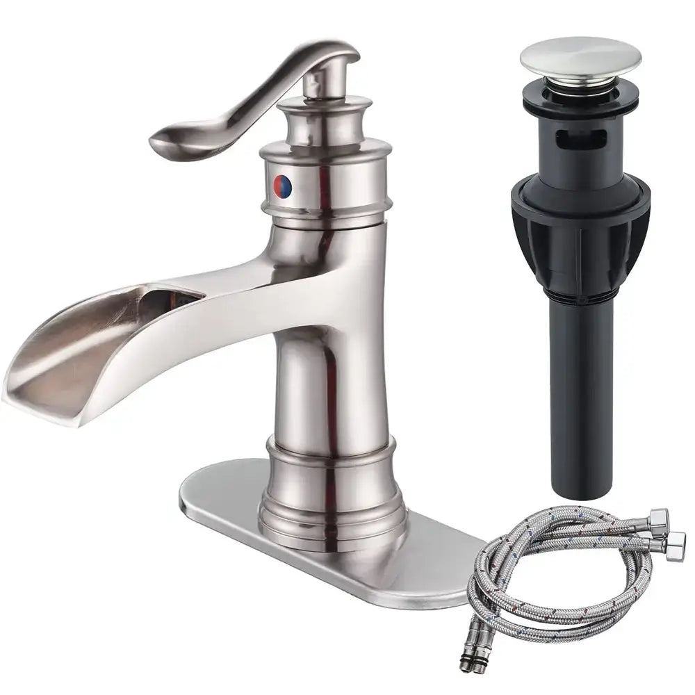 Farmhouse oil rubbed bronze single handle waterfall faucet with stainless steel design and matching black drain assembly