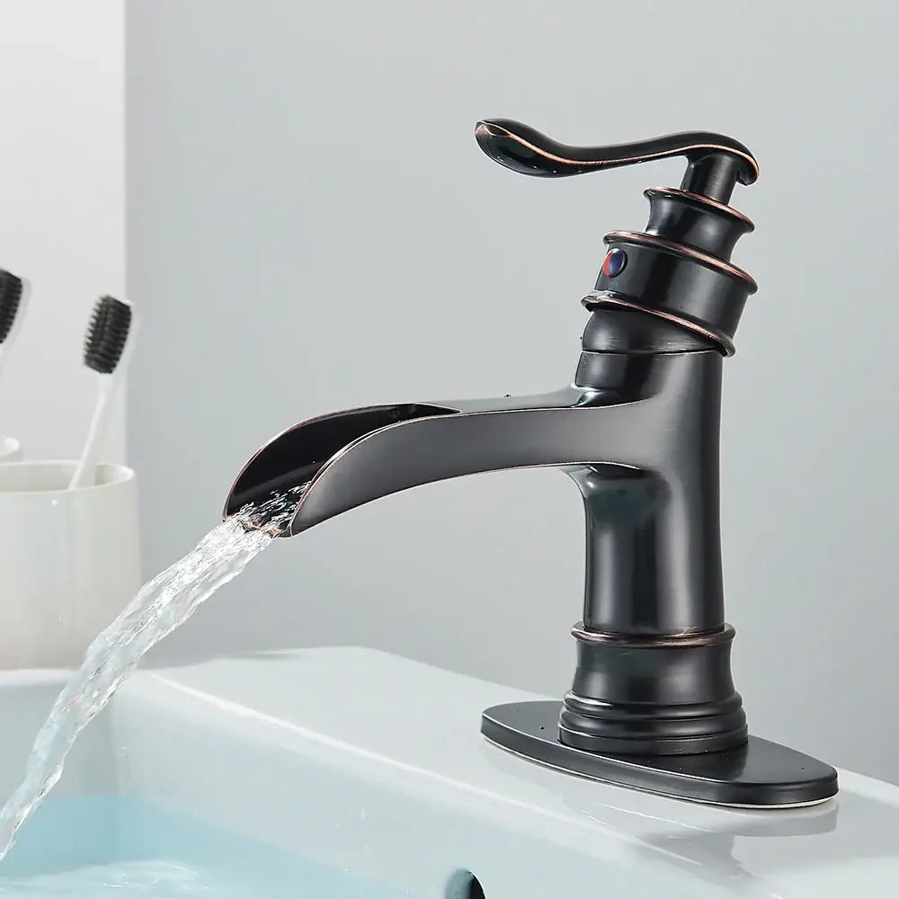 Farmhouse oil rubbed bronze single handle bathroom sink faucet with black matte finish and waterfall spout in single hole design
