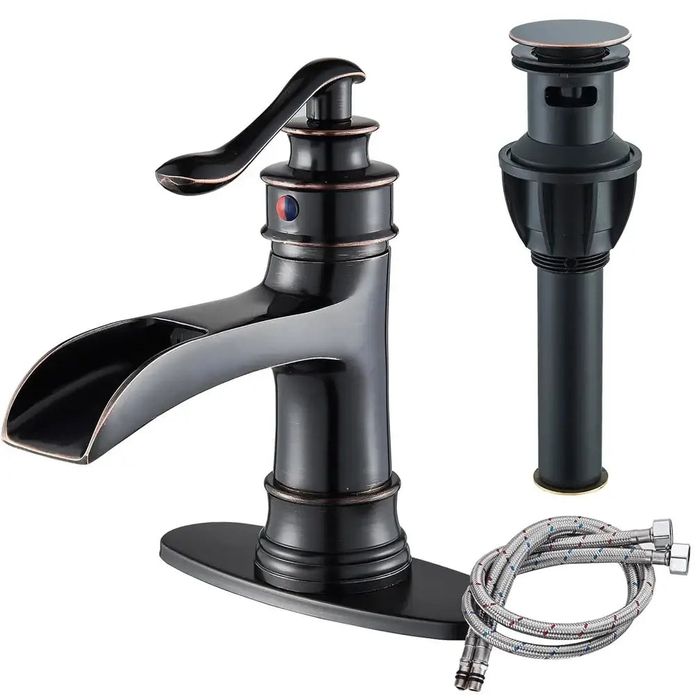 Farmhouse oil rubbed bronze single handle waterfall faucet with matching drain assembly for single hole bathroom sink