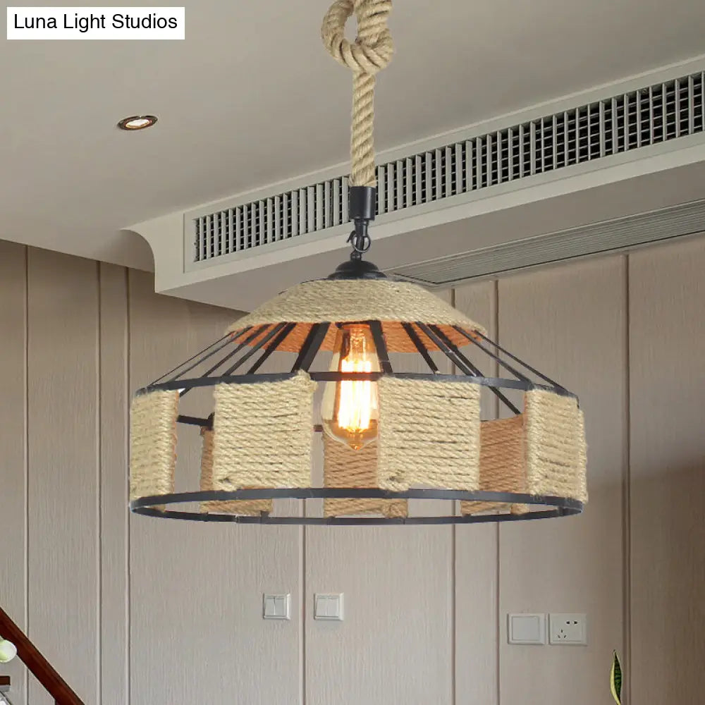 Farmhouse Pendant Ceiling Lamp - Beige Rope Hanging Light Kit for Mongolian Yurts with Knots Cord - 1-Bulb, 3 Sizes (12"/16"/19.5")