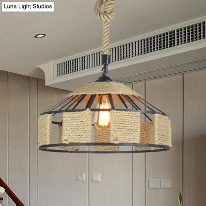 Farmhouse Pendant Ceiling Lamp - Beige Rope Hanging Light Kit for Mongolian Yurts with Knots Cord - 1-Bulb, 3 Sizes (12"/16"/19.5")