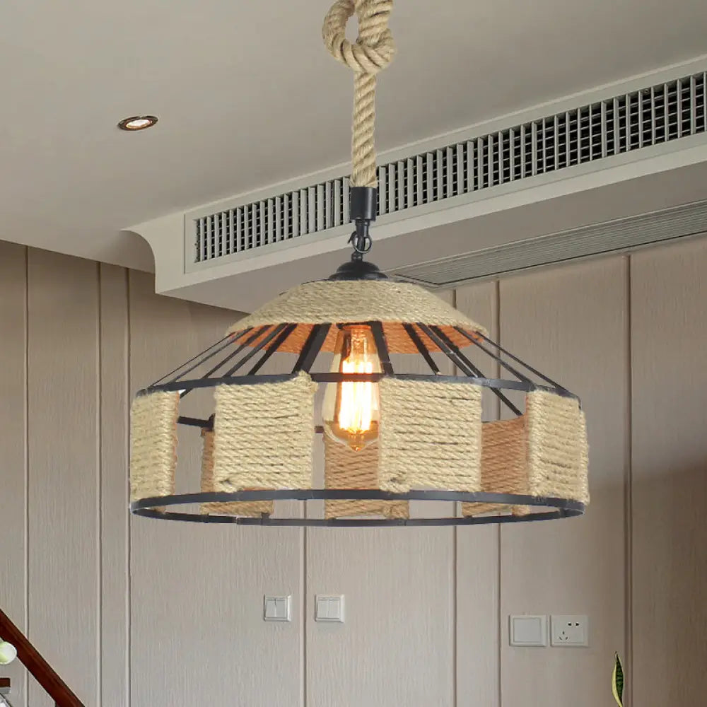 Farmhouse Pendant Ceiling Lamp - Beige Rope Hanging Light Kit for Mongolian Yurts with Knots Cord - 1-Bulb, 3 Sizes (12"/16"/19.5")