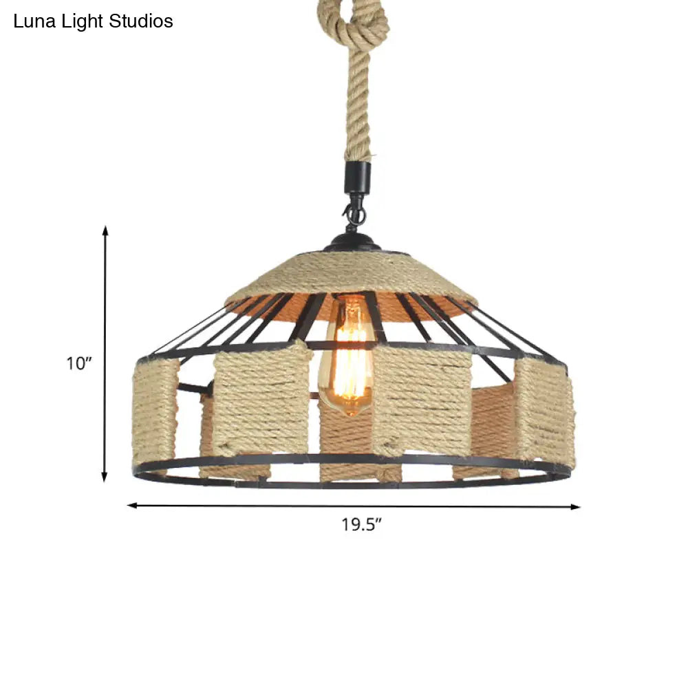 Farmhouse Pendant Ceiling Lamp - Beige Rope Hanging Light Kit for Mongolian Yurts with Knots Cord - 1-Bulb, 3 Sizes (12"/16"/19.5")