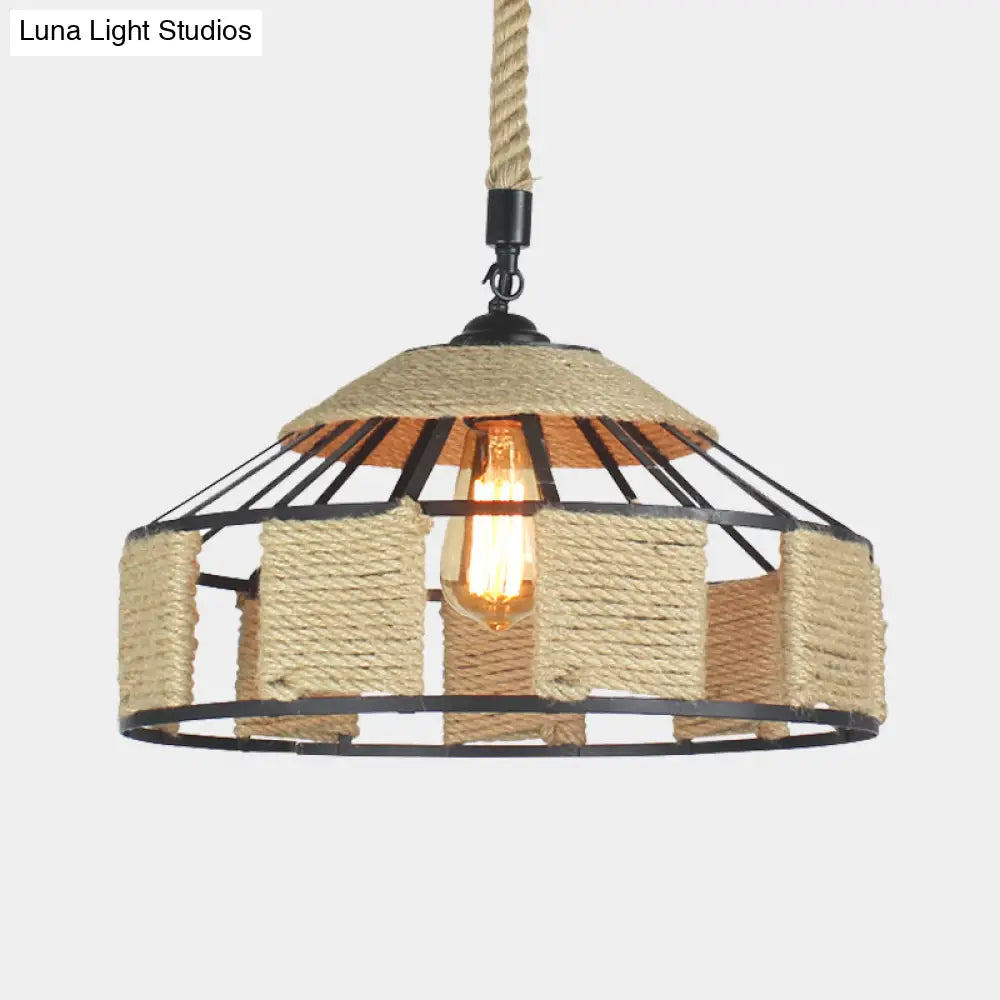 Farmhouse Pendant Ceiling Lamp - Beige Rope Hanging Light Kit for Mongolian Yurts with Knots Cord - 1-Bulb, 3 Sizes (12"/16"/19.5")