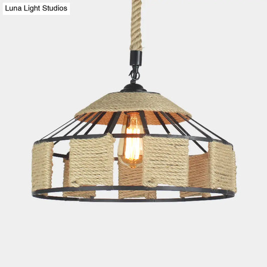 Farmhouse Pendant Ceiling Lamp - Beige Rope Hanging Light Kit for Mongolian Yurts with Knots Cord - 1-Bulb, 3 Sizes (12"/16"/19.5")