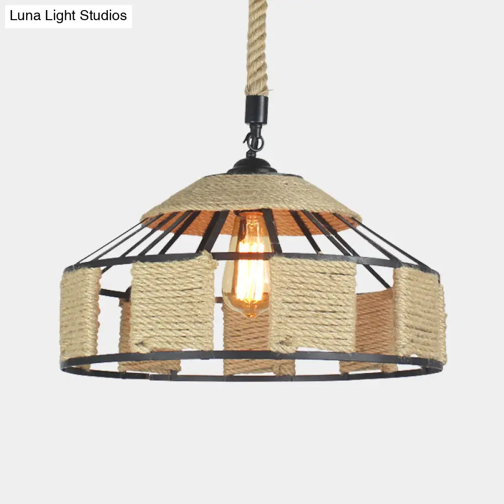 Farmhouse Pendant Ceiling Lamp - Beige Rope Hanging Light Kit for Mongolian Yurts with Knots Cord - 1-Bulb, 3 Sizes (12"/16"/19.5")