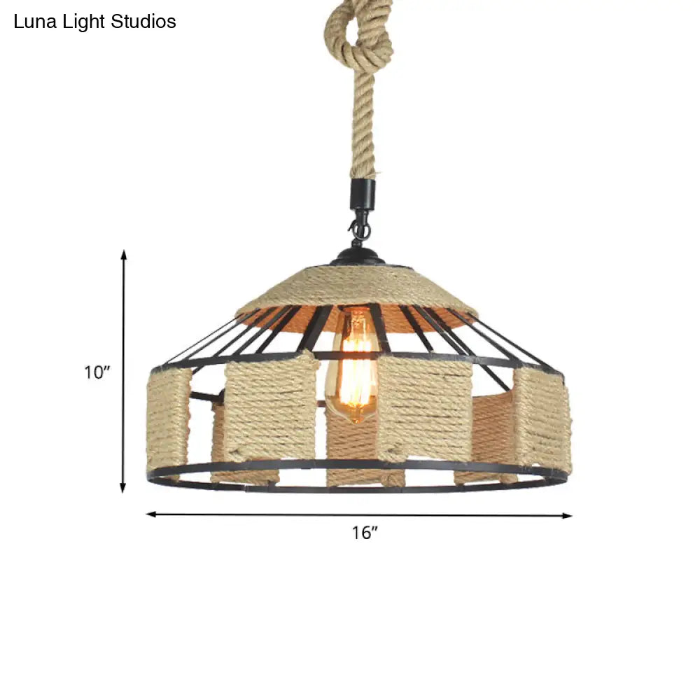 Farmhouse Pendant Ceiling Lamp - Beige Rope Hanging Light Kit for Mongolian Yurts with Knots Cord - 1-Bulb, 3 Sizes (12"/16"/19.5")