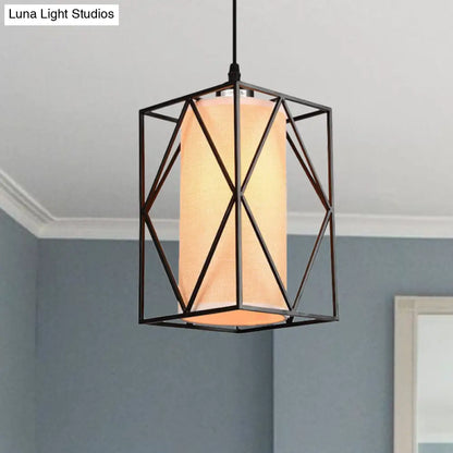 Farmhouse Pendant Ceiling Light: Black Cylinder with Clear Glass/Fabric, Plug-in for Living Room