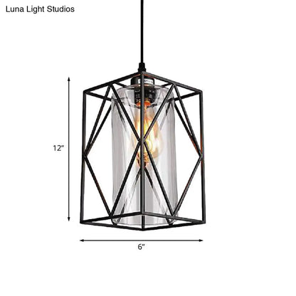 Farmhouse Pendant Ceiling Light: Black Cylinder with Clear Glass/Fabric, Plug-in for Living Room