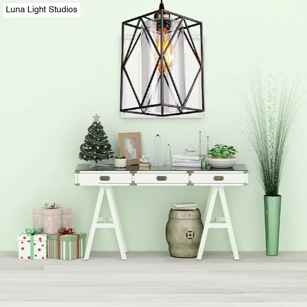 Farmhouse Pendant Ceiling Light: Black Cylinder with Clear Glass/Fabric, Plug-in for Living Room