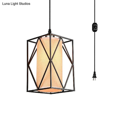 Farmhouse Pendant Ceiling Light: Black Cylinder with Clear Glass/Fabric, Plug-in for Living Room