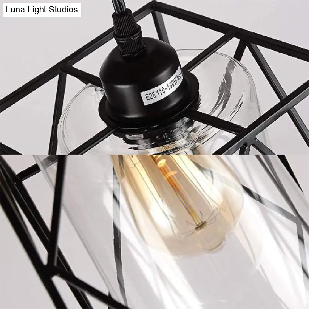 Farmhouse Pendant Ceiling Light: Black Cylinder with Clear Glass/Fabric, Plug-in for Living Room