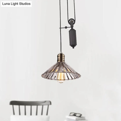 Farmhouse Pendant Light: Cone-Shaped Ribbed Glass Fixture in Bronze/Brass