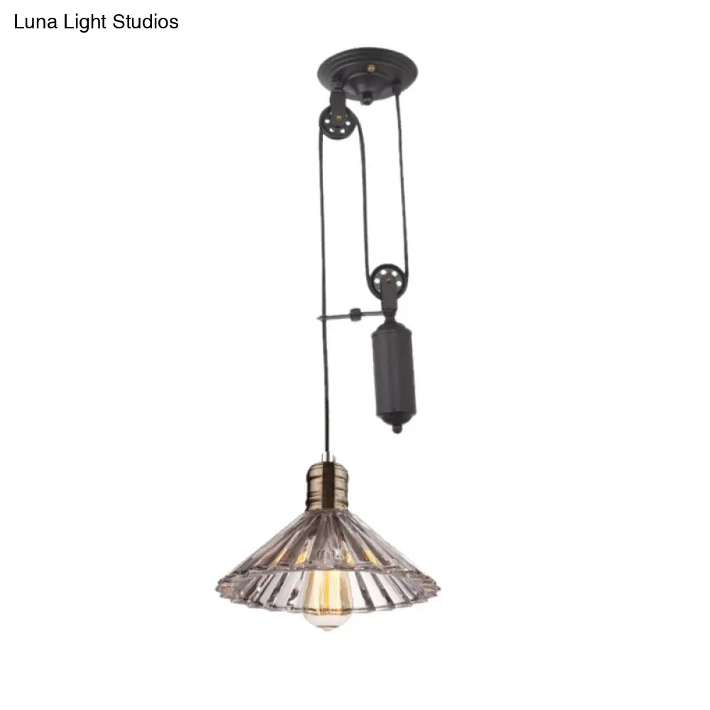 Farmhouse Pendant Light: Cone-Shaped Ribbed Glass Fixture in Bronze/Brass