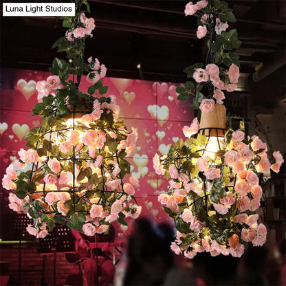 Farmhouse Pendant Light with Iron Flower Design and Wooden Cap in Black