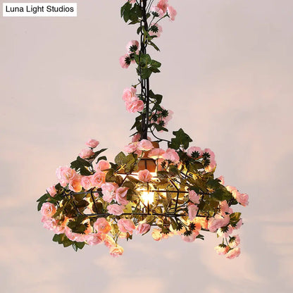 Farmhouse Pendant Light with Iron Flower Design and Wooden Cap in Black