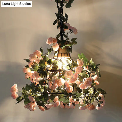 Farmhouse Pendant Light with Iron Flower Design and Wooden Cap in Black