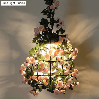 Farmhouse Pendant Light with Iron Flower Design and Wooden Cap in Black