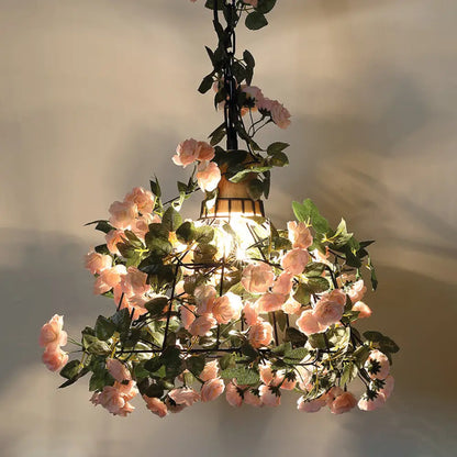 Farmhouse Pendant Light with Iron Flower Design and Wooden Cap in Black