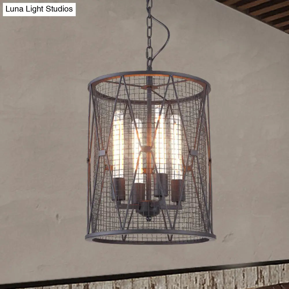 Farmhouse Pendant Light with Mesh Cylinder Metal Shade and 4 Bulbs - Black