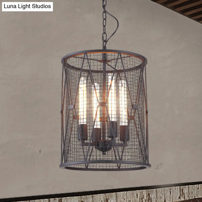 Farmhouse Pendant Light with Mesh Cylinder Metal Shade and 4 Bulbs - Black